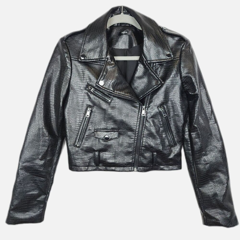 AQUA Croc Embossed Faux Patent Leather Jacket Biker Moto Zipper Black Size Small